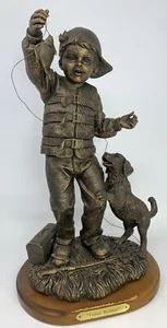 FISHING BUDDIES SCULPTURE BOY AND DOG BRONZE FINISH STATUE - Picture 1 of 5