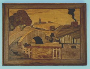 Midcentury Wood Marquetry Inlay Landscape Scene 15" x 11" Vintage Wall Art - Picture 1 of 23