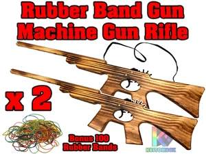 Machine Rifle X 2pc Pack Rubber Band Launcher Gun Timber Wooden Toy  - Bild 1 von 3