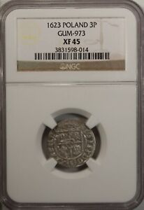 Poland  Silver 3 Polker 1623 NGC XF 45  Gum - 973 Medieval Coin Cracow Mint