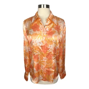 Vintage Starington Tropical Print 100 % Seide Bluse Cantaloupe Größe 8 Knopfleiste - Bild 1 von 5