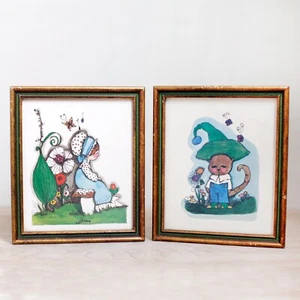 Cute Pair of 70s Mod Prints by "Sarnea"/ Sweet & Kitschy Child & Cat in Garden - Picture 1 of 10