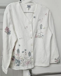Vtg. teddi Womens XL Cardigan Sweater Flower, Butterfly, Birdhouse - Picture 1 of 8