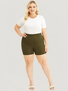 BloomChic Solid Elastic Waist Button Detail Pocket Shorts Army Green 14-16 1X - Picture 1 of 11
