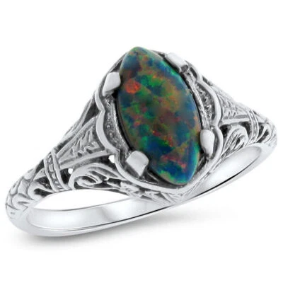 CLASSIC ART DECO STYLE 925 STERLING SILVER LAB-CREATED BLACK OPAL RING      #795 - Image 1 of 2