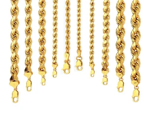 14k Yellow Gold 2mm-10mm D/cut Rope Chain Necklace Size 16"-30" Hollow - Picture 1 of 21