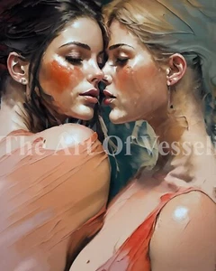Impresión de pintura femenina - Pareja de lesbianas enamorada mujeres besándose arte LGBT - Imagen 1 de 1