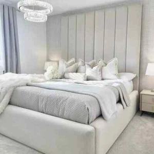 WIHT PIPING EDGE WINGBACK PANEL VELVET UPHOLSTERED BED FRAME ALL SIZES AVAILABLE - Picture 1 of 6