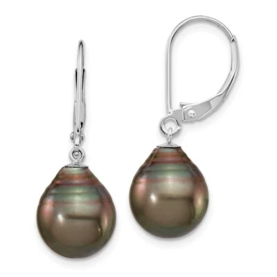 14K WG 10-11mm Teardrop Saltwater Cultured Tahitian Leverback Earrings - Image 1 of 3
