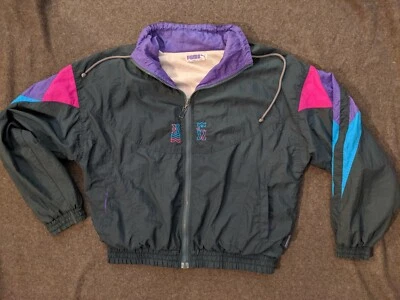 Chaqueta cortavientos de colección Puma gris con bloque de color púrpura rosa azul cremallera completa talla M Foto 1 de 4