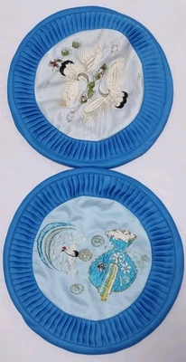 Vtg 60s Embroidery Asian Folk Art Hanbok Style Round Throw Pillow Case set  - Image 1 of 4