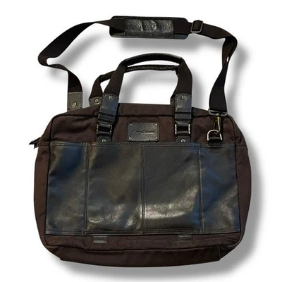 Tommy Bahama Tobago Briefcase Laptop Bag Canvas & Leather Carry Strap Map Lining - Image 1 of 4