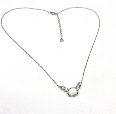Sterling Silver 925 Oval Opal Gemstone and CZ Pendant Necklace Chain Extender - Image 1 of 4