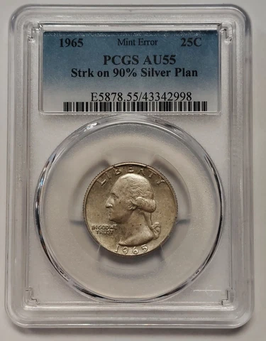 1965 Washington Quarter Struck on 90% Silver Planchet PCGS AU55 Top Grade Error Cover