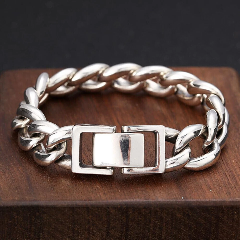 Real S925 Sterling Silver Chain 16mm Heavy Curb Cuban Link Bracelet 7.1-7.9inch - Image 1 of 4