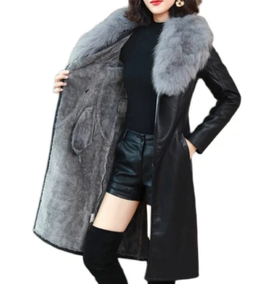 Abrigos de cuero PU informales elegantes ajustados cálidos cuello de piel sintética chaqueta de longitud media para mujer Foto 1 de 4