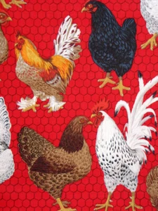 Rooster Chicken Fabric By The Yard Farm Birds on Red Cotton Fabric Traditions - Picture 1 of 2