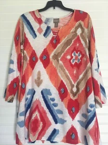 Chicos Top Womens  XLarge 3 Multicolor Boho Abstract Ikat Casual Popover Shirt - Picture 1 of 11