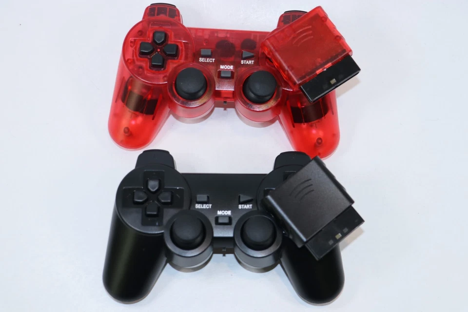 PLAYSTATION 2 PS2 Dual Vibration WIRELESS Controller CLEAR RED/BLACK SET OF 2 - Image 1 of 2