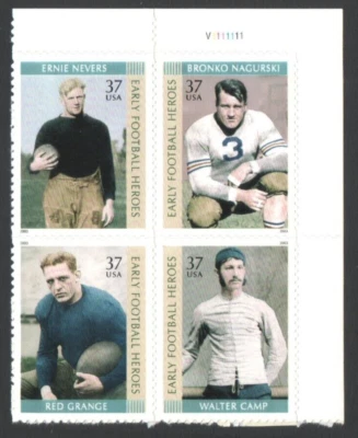 Unused US Postage Block of 37 Cent Stamps EARLY FOOTBALL HEROES Ernie Nevers Bro - Image 1 of 2