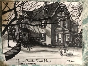 pencil & ink art drawing Harriet Beecher Stowe House by Mark Robinson 14 x 11" - Picture 1 of 1