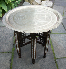 ANTIQUE  INDIAN  INLAID FOLDING SIDE TABLE WITH  BRASS TRAY  TOP