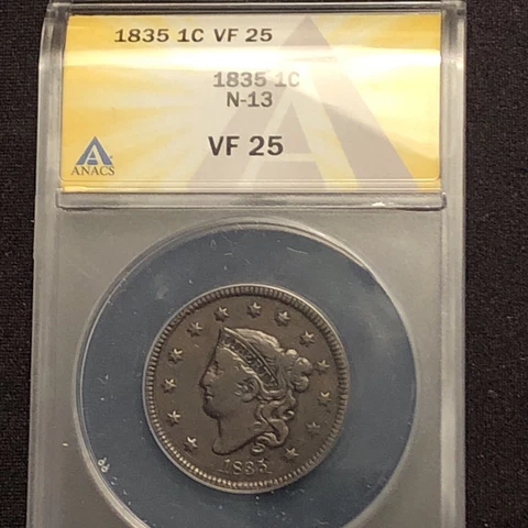 1835 large cent n-13 Rarity 4  ANACS Vf 25 Nice Original Scarce Copper Choice Cover