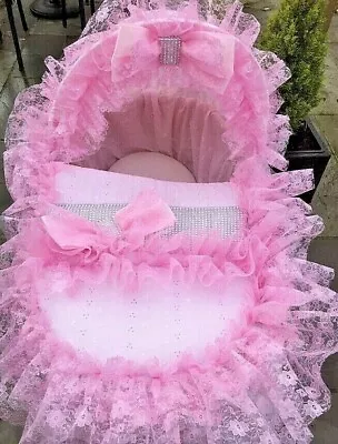 Pink Frilly Bling Baby Moses Basket Covers  Girls - Romany 💗💗 • 40£
