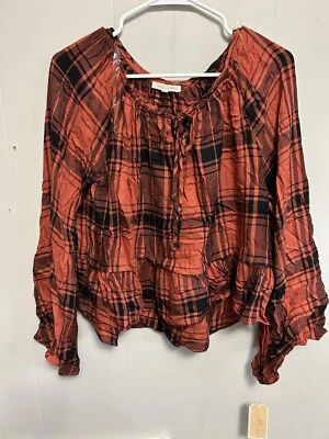 copper key Women’s Small Long Sleeve Blouse Rust/black Tie in Front Plaid  A6 - Image 1 of 4
