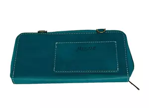 Cartera de cuero genuino Megshi para mujer con cremallera 9 ranuras para tarjetas identificación bolsillo en efectivo turquesa - Imagen 1 de 4