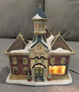 Winter Valley SCHOOL with BELL TOWER Lighted Porcelain Christmas Village - Picture 1 of 10
