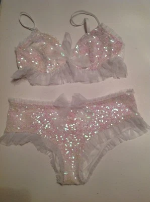 Victorias Secret Very Sexy Darling White Sequined Tulle Bralette Panty Set XS,S - Image 1 of 4