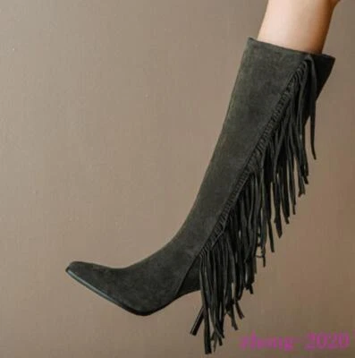 Mujeres Imitación Gamuza Borla Flecos Tacón de Aguja Punta Hasta la Rodilla Botas Occidentales Foto 1 de 4