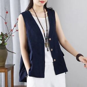 Womens Casual Waistcoat Solid Color Cotton Linen Single Breasted Sleeveless Vest