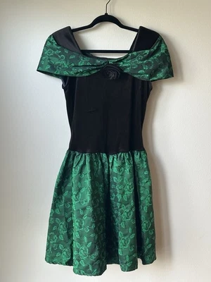 Vintage 90s By Choice Dress Black Velvet Emerald Green Sz 9 Taffeta USA Made - Image 1 of 4