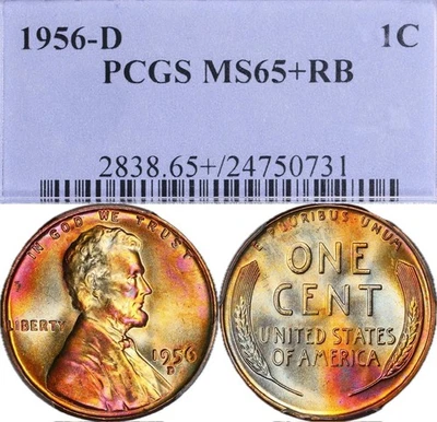 MS65+RB 1956-D 1C Lincoln Wheat Cent, PCGS Trueview- Rainbow Mint Set Toned - Image 1 of 4