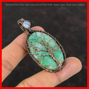 Chrysoprase Gemstone Rainbow Moonstone Copper Wire Wrapped Tree Of Life Pendant - Picture 1 of 6