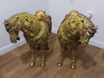 Vintage Pair Chinese Cloisonne Enameled Horses-Gold & Yellow Nice Shape 25 X 36  - Image 1 of 4