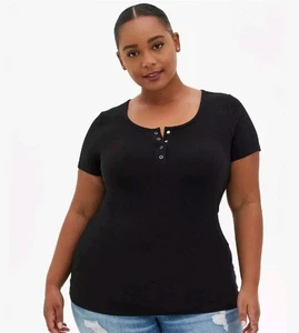 Torrid Rib Scoop Neck Henley Short Sleeve Tee Black Plus Size 3X Stretch EUC - Picture 1 of 7