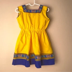 Girls Yellow and Blue Dress Embroidered Horse Carriage German Style - Picture 1 of 6
