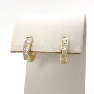 14k Gold Huggie Hoop Earrings Channel Set Princess Cut Synthetic Clear Stones - Picture 1 of 7