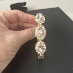 Signed Monet Sz 7.25 Tennis Bracelet Coquette Pink Clear Rhinestones Gold Plate - Picture 1 of 13
