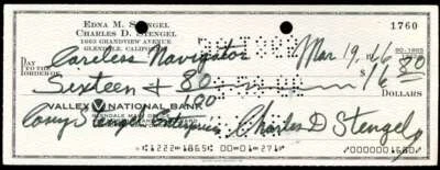 Casey Stengel JSA Coa Signed 1966 Personal Check Autograph - Image 1 of 2