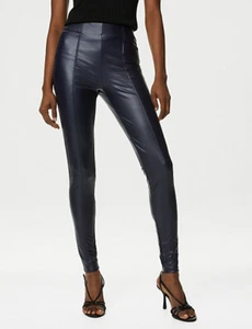 M&S Navy Leather Look High Waist Leggings Size 14 Long BNWOT - Picture 1 of 5