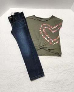 Carter's Kid Top in Green with Hearts and Jordache Denim Jeans Girls size 5 - Picture 1 of 14