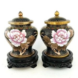 Cloisonné Urn Jars Black Lidded Pink Yellow Flowers 5in Wood Bases 2Pc Set - Picture 1 of 7