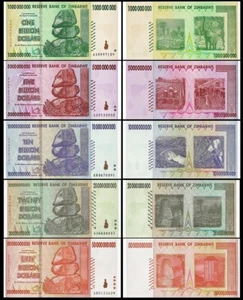 Zimbabwe 5 Pcs SET, 1 5 10 20 50 Billion 2008 AUNC / UNC, P-83 84 85 86 87 - Picture 1 of 8