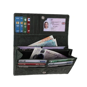 Ladies Women Embossed Floral Purse Real Distressed Hunter Leather Wallet 5575 - Picture 1 of 9