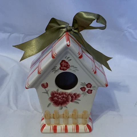 7” Painted Ceramic Birdhouse With Cute Bow  Glass House Decoration Cover