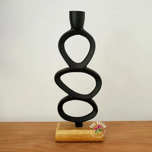 Black Metal Candlestick Candle Holder Wooden Base Circles Contemporary Gift 27cm - Picture 1 of 9